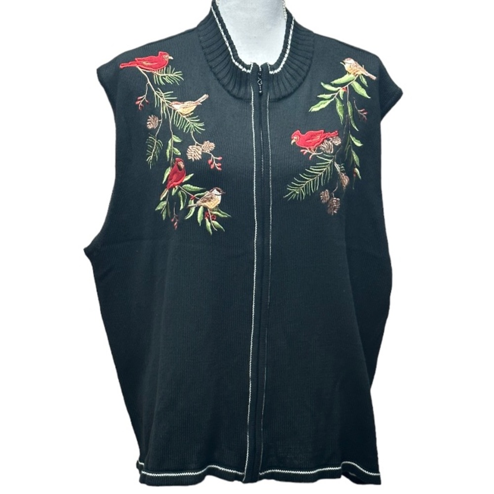 Southern Lady Embroidered Christmas Cardinal Birds Pine Bough Sweater Vest Sz 2X